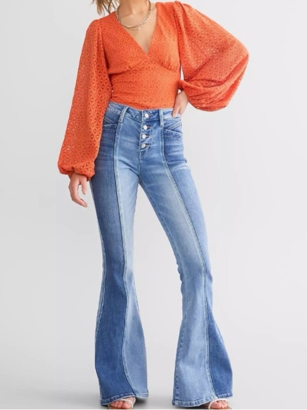 Flying Monkey Two Tone High Rise Super Flare Button Fly Jeans Size 29